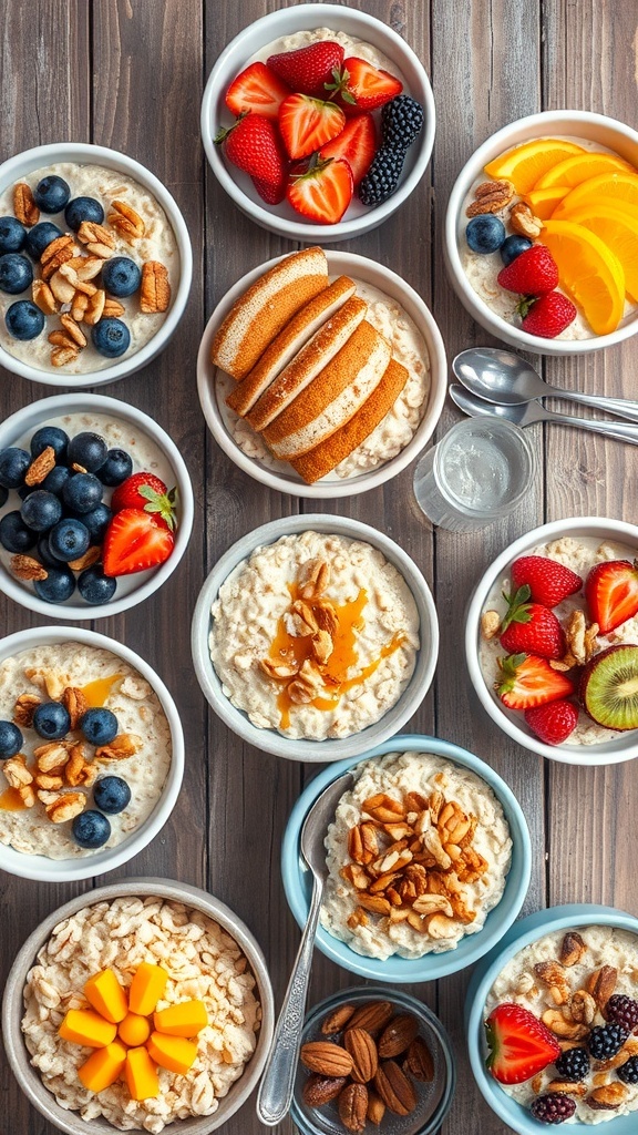 An assortment of oatmeal bowls with different toppings on a wooden table.